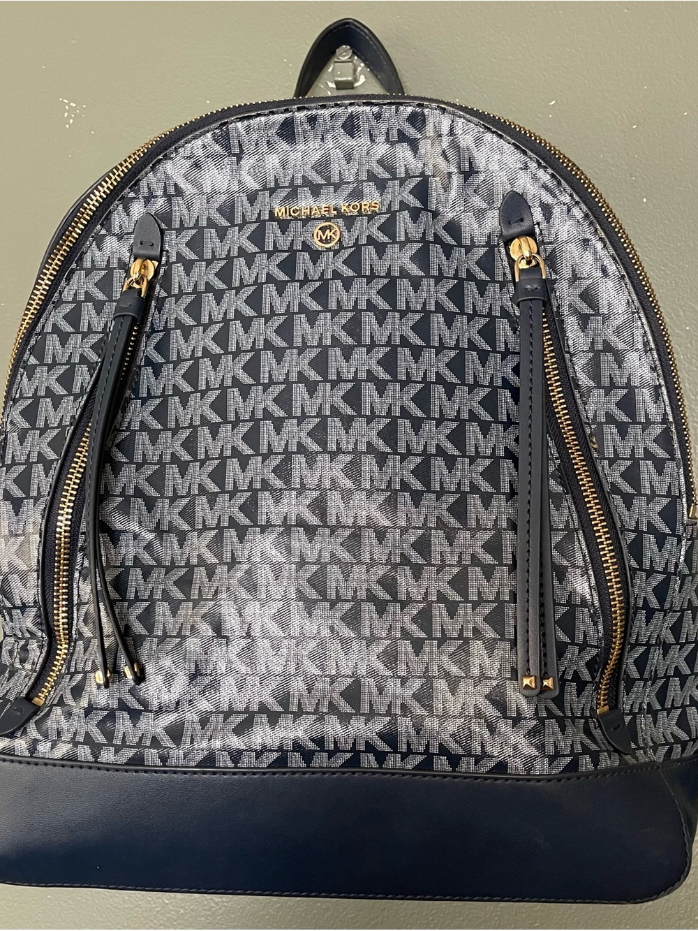 Michael Kors Navy and Gray Signature MK Logo Backpack with Gold Hardware